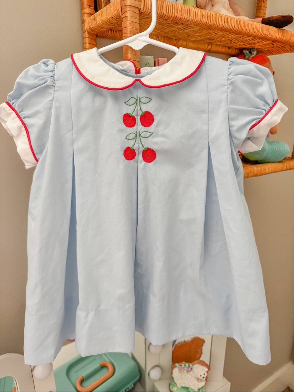 Light Blue Embroidered Cherry Peter Pan Collar Dress - Kids